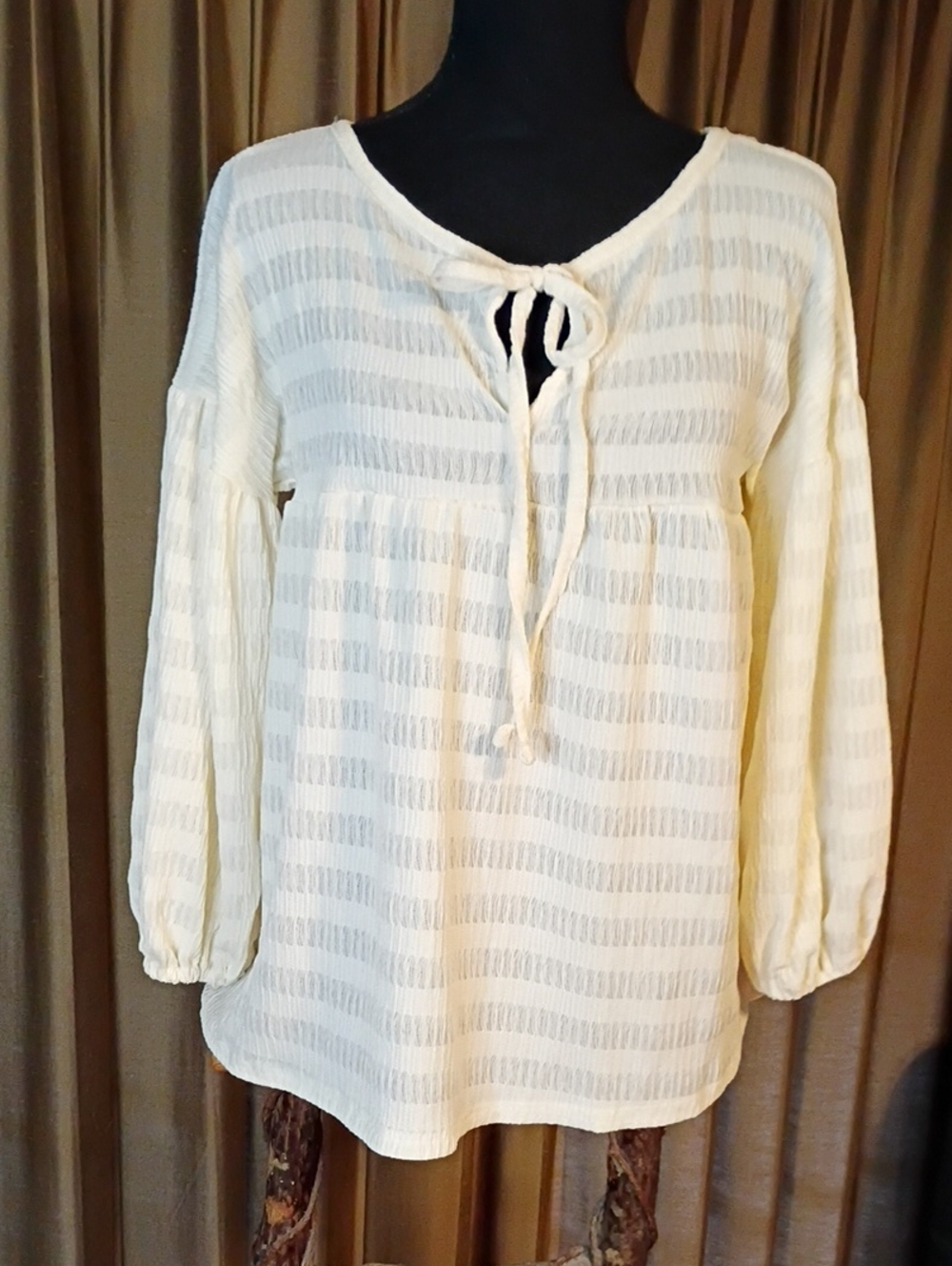 Cream Textured Peasant Blouse with Tie Neck